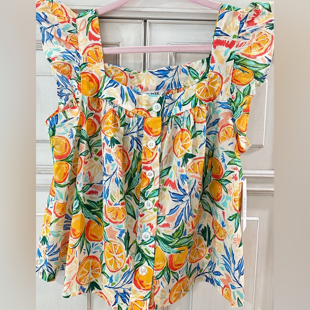 NWT SZ L 77 PARK Blouse Mandarin Orange flutter sleeves